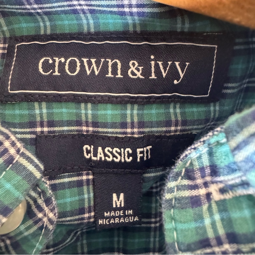 Crown & Ivy Green Navy Blue Casual Plaid Button Down Shirt Men's Size Medium - Picture 4 of 7